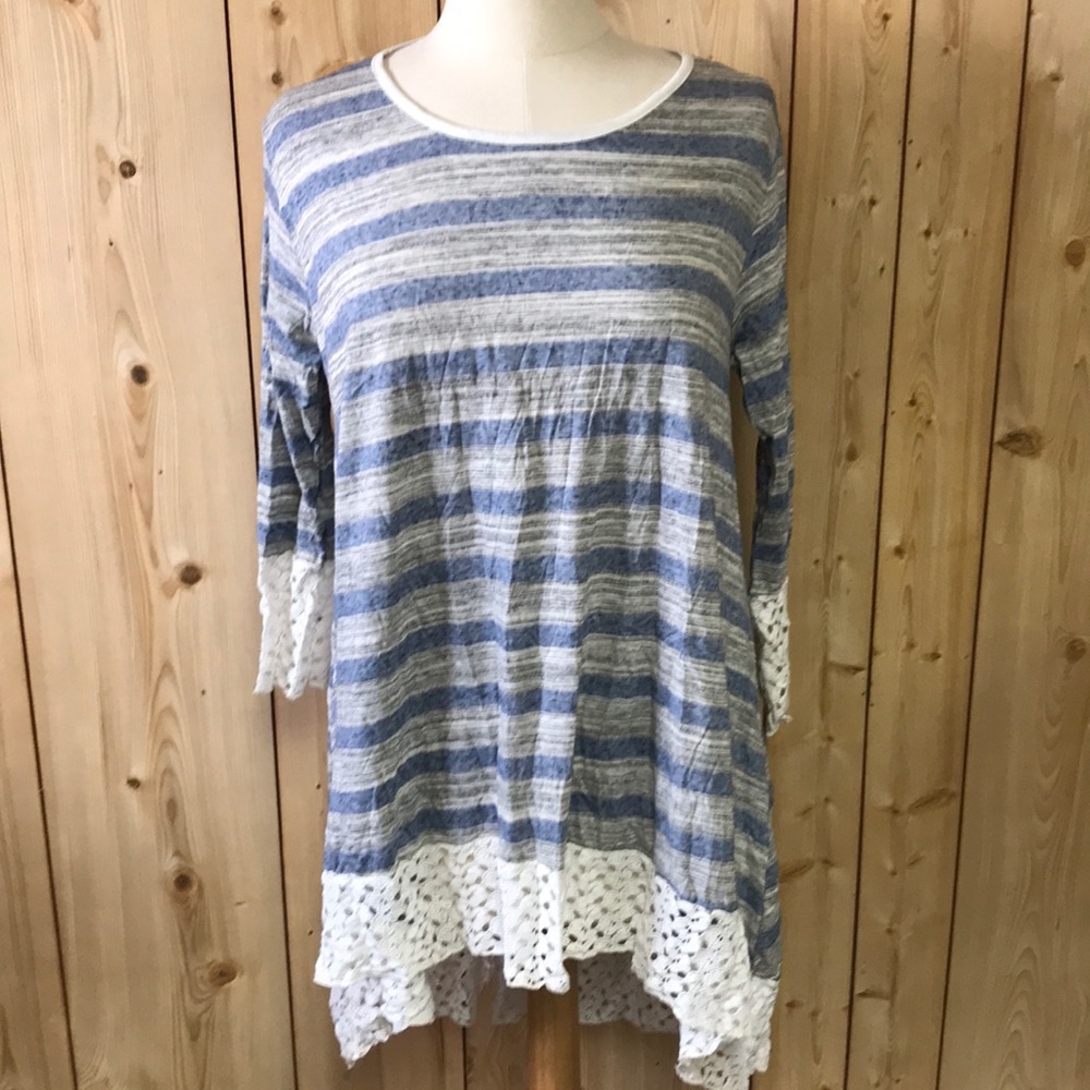 LAST CALL Surrealist lace hi lo striped tunic top NEW